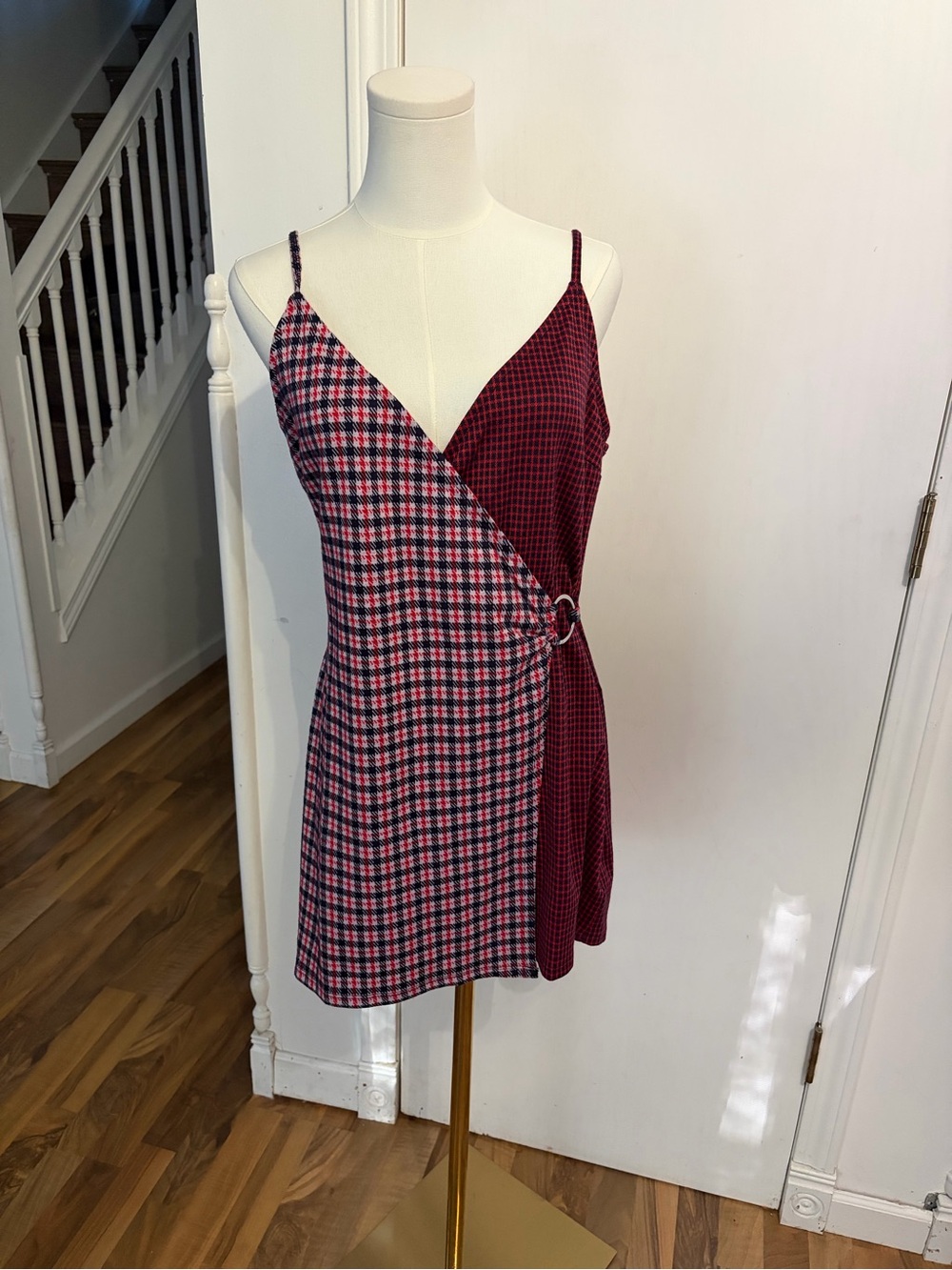 Spaghetti Strap Mini Wrap Dress in Pink Plaid